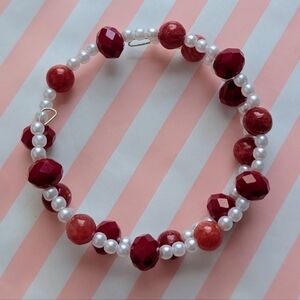 Red and white handmade memory wire beaded bracelet